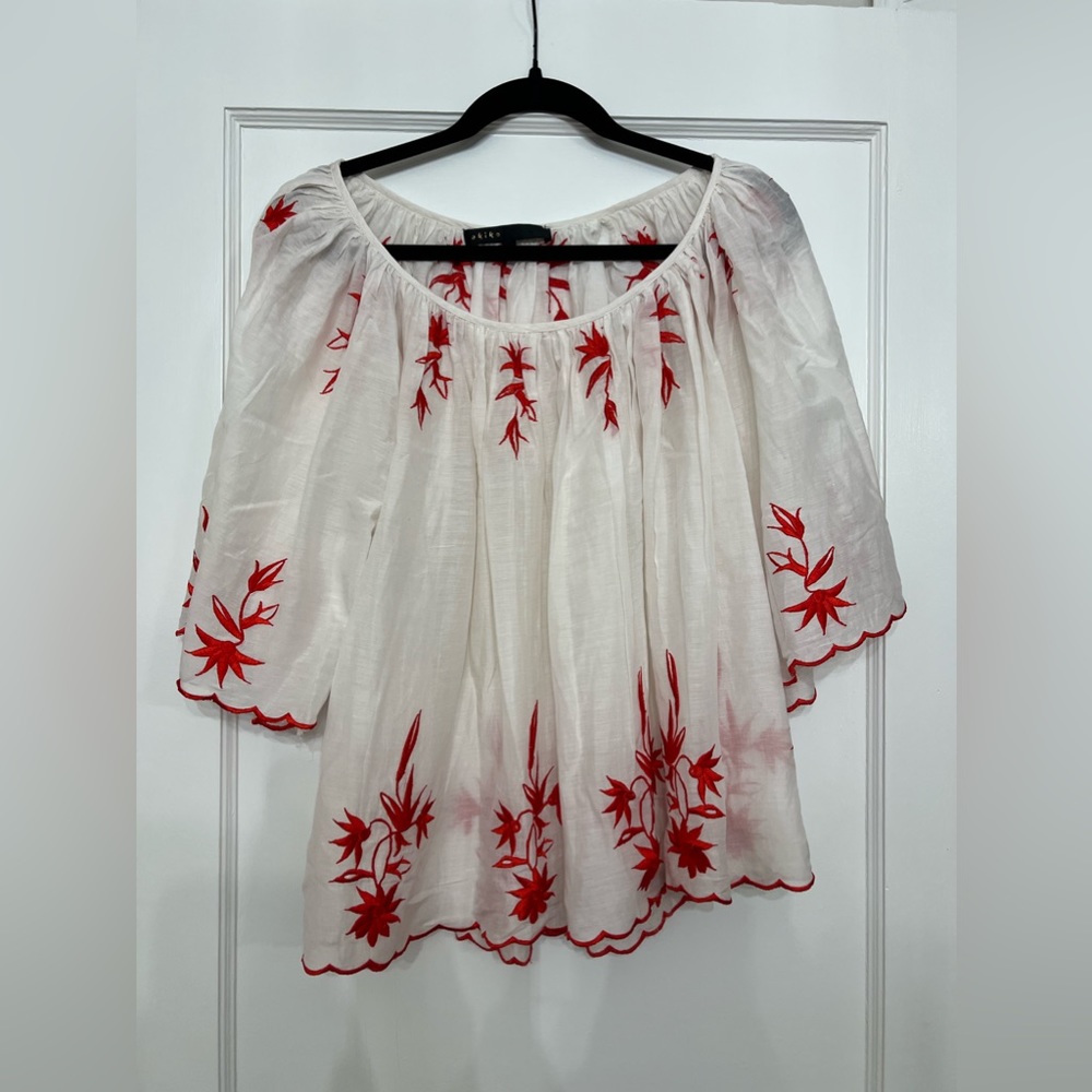 Akiko silk and cootin blend red embroidered blouse size xs